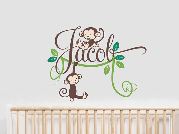 Baby Name Wall Decal Tree Vine Monkey Nursery Kids Trees Fun Playing Room House Vinyl Wall Sticker Murals Stickers Decor Removable 805