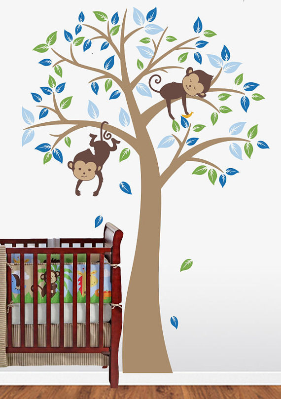 Nursery Wood Tree Wall Decal Cute Monkey Kids Vinyl Wall Decal Baby ...