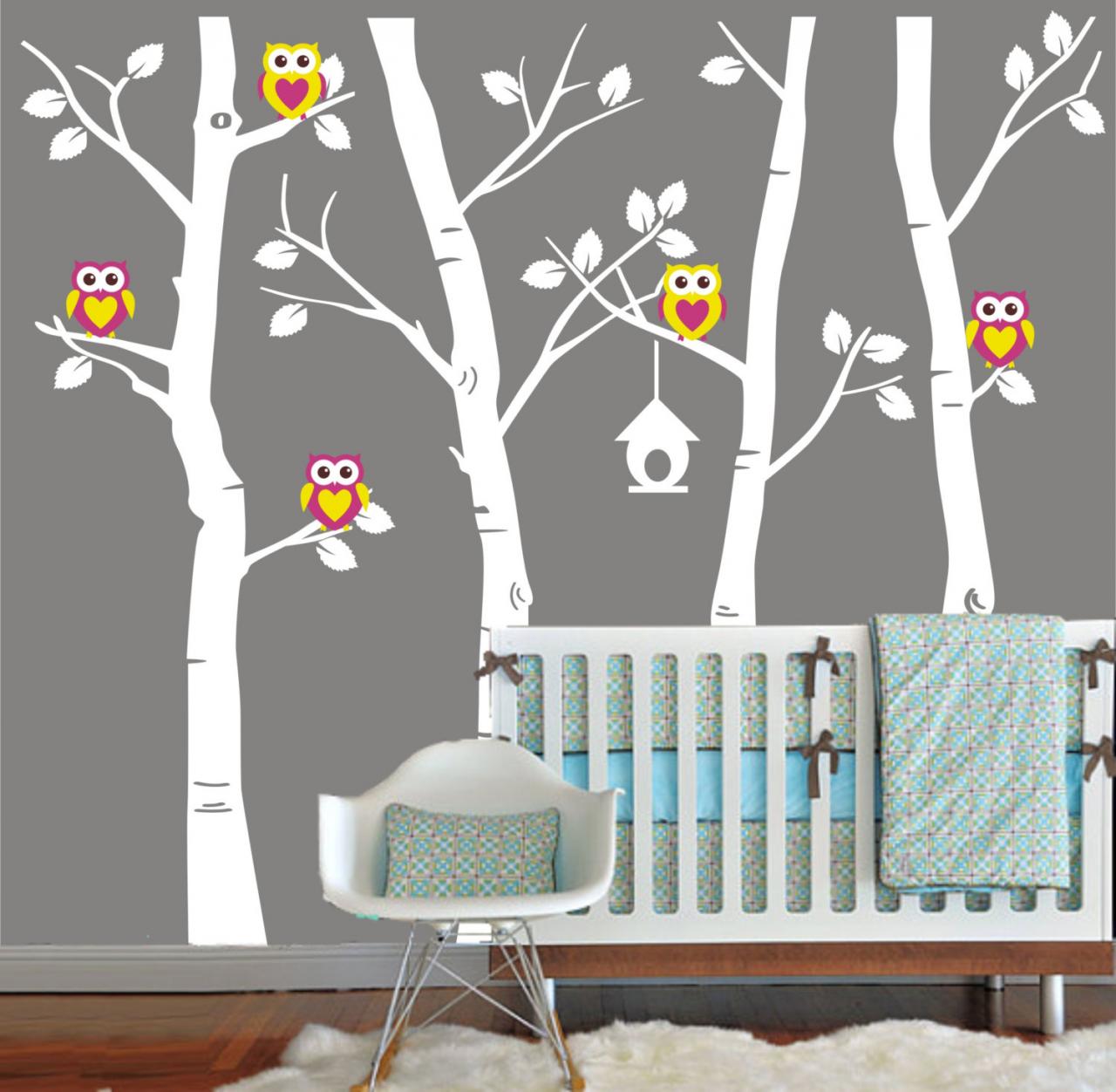 Cute Owl Family Birch Tree Trees Owls Bird Birds Home Wall